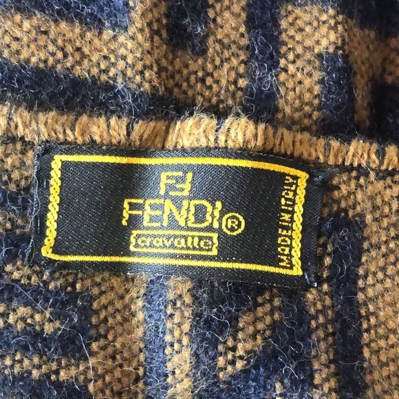 FENDI Navy Blue Tan Wool Silk Scarf with Decorative Tassels NWOT - Picture 5 of 11